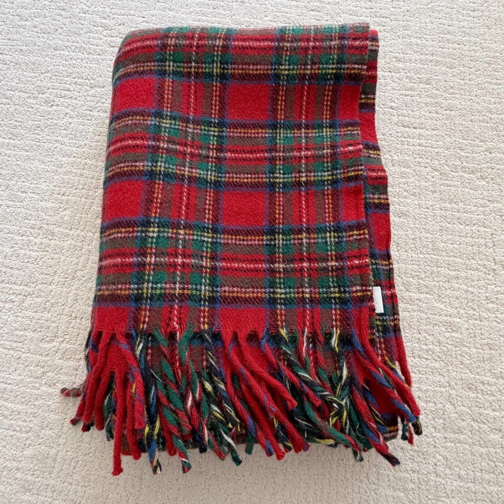 Lands End Coming Home Red Plaid Wool Throw Blanket Fringe USA Made 64X50